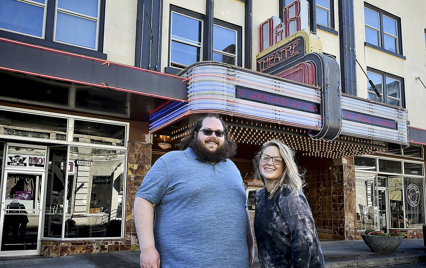 Darrell Westmoreland photo 
Plank Island Theatre Company co-founders Alex Eddy and Julayne Fleury in front of the D&R Theatre in Aberdeen. The company’s production of “Writing Wrongs” will begin a four-day run at the D&R starting Thursday.