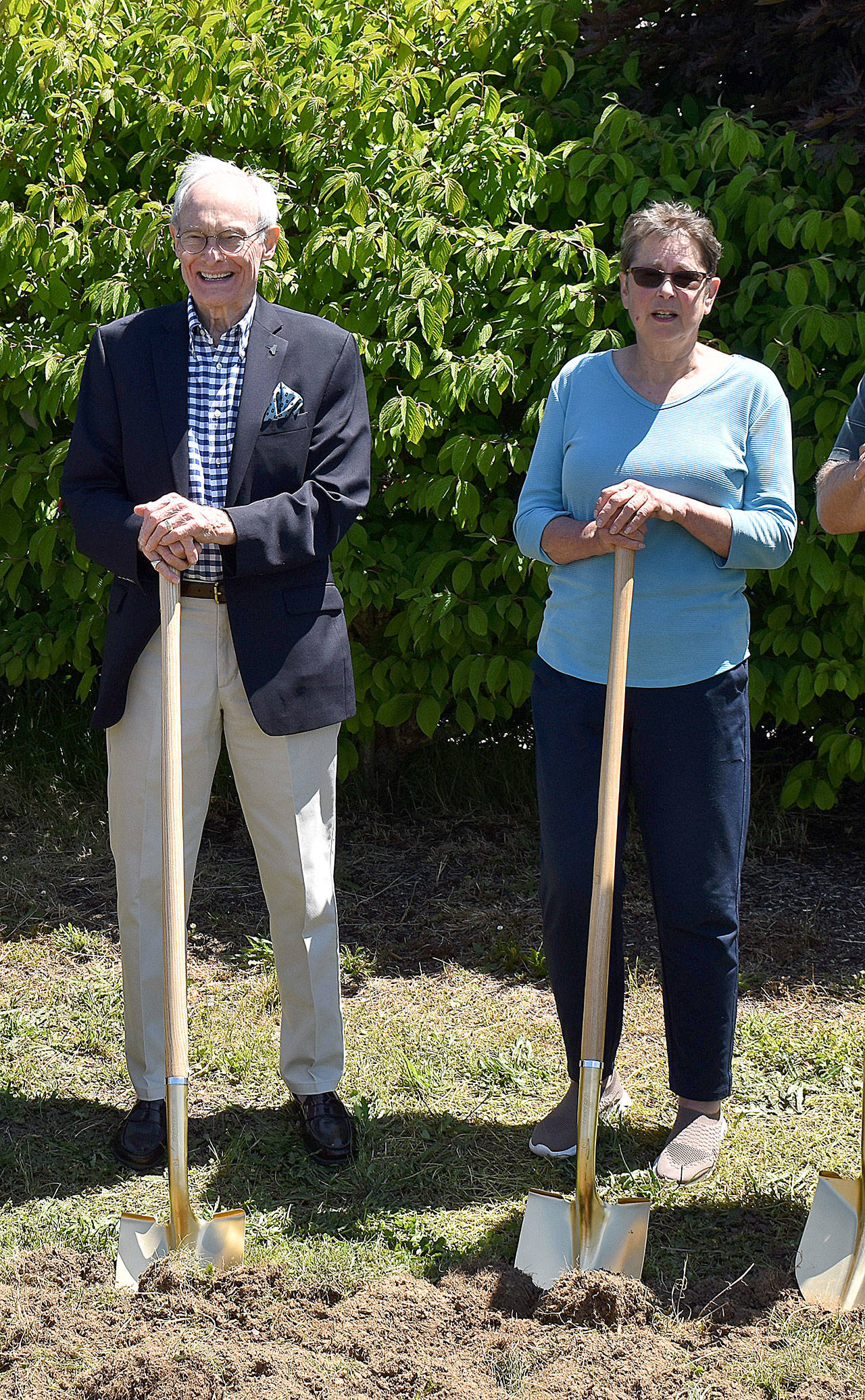 DAN HAMMOCK | THE DAILY WORLD 
Willapa Community Development Association co-founders David Gauger and Rebecca Chaffee break ground at the site of the Willapa Center in Raymond Thursday.