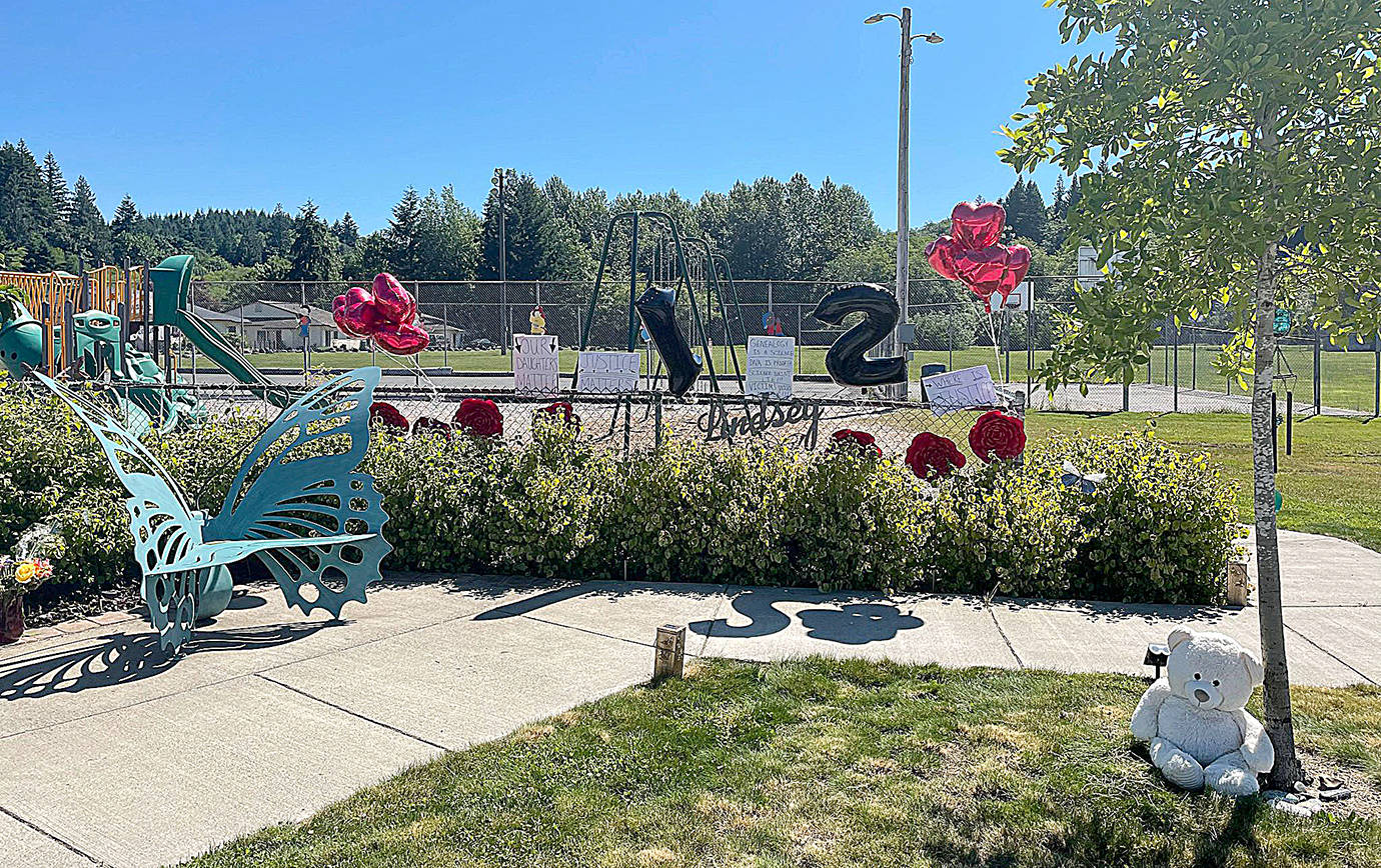 Courtesy Melissa Baum 
The Lindsey Baum Memorial Garden at Beerbower Park is festooned with balloons, signs and toys on Saturday, the 12th anniversary of her disappearance from McCleary. She was 10 when she disappeared. Her remains were found in Kittitas County in 2018.