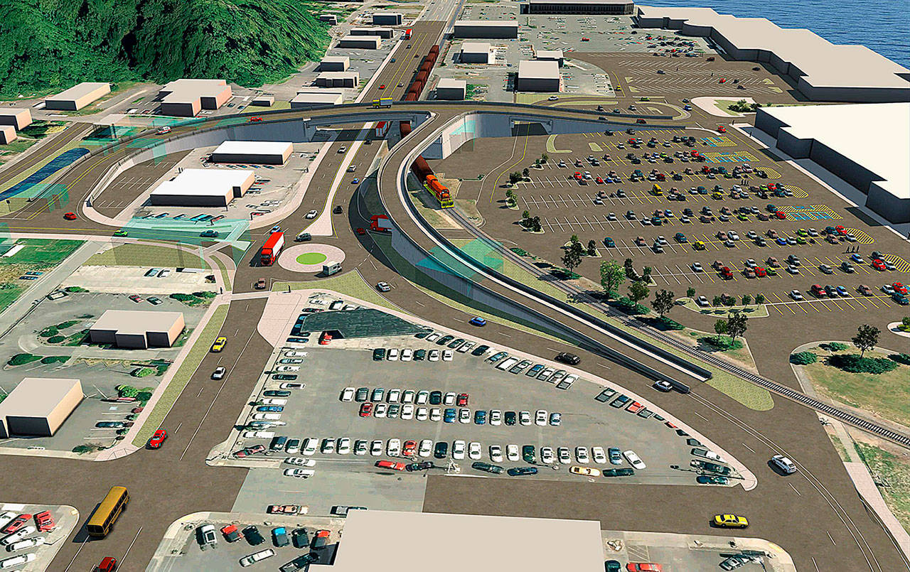 Current rendering of the East Aberdeen rail separation project, showing the overpass and roundabout. (Courtesy City of Aberdeen)