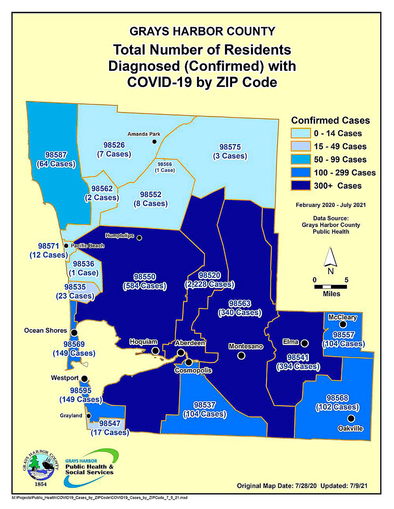 Courtesy Grays Harbor County Public Health 
Total COVID-19 cases by zip code, updated Friday.