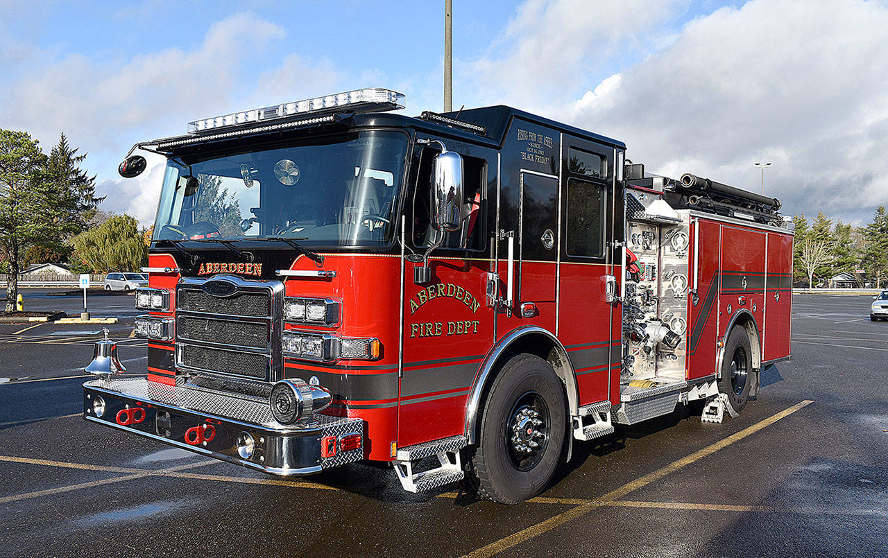 DAN HAMMOCK / THE DAILY WORLD 
One of Aberdeen’s newest fire apparatus. It and all other Aberdeen fire equipment would be combined with Hoquiam’s if approval is given for the formation of the Central Grays Harbor Regional Fire Authority.