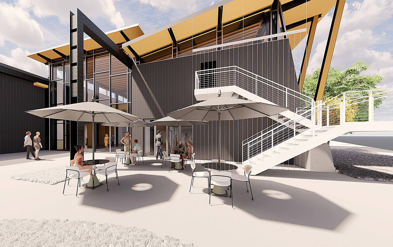 Courtesy Coates Design 
The latest rendering for the proposed Aberdeen Gateway Center. This shows the cafe space’s outdoor seating.