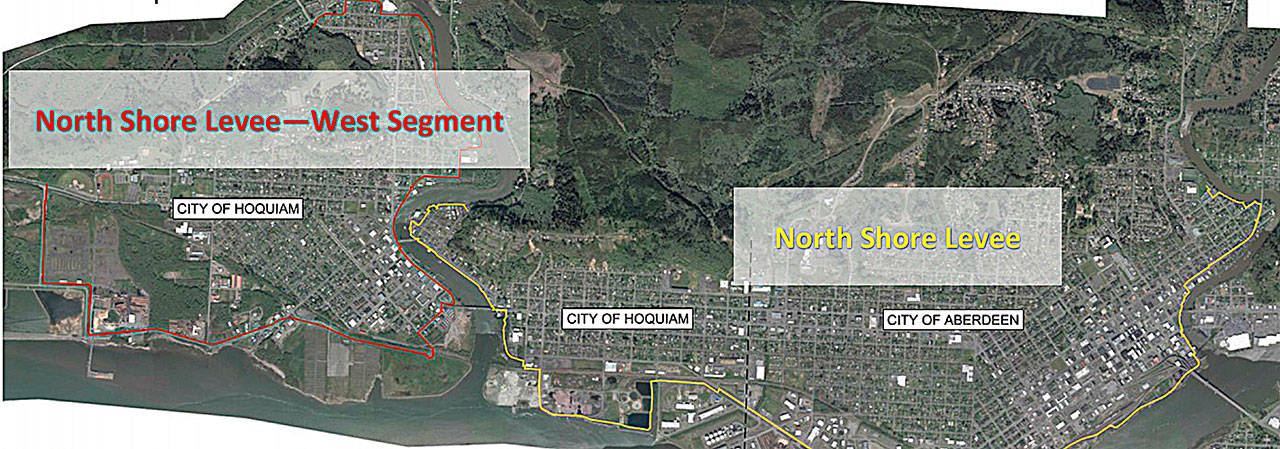 Courtesy City of Hoquiam 
This map shows the proposed alignment of the North Shore Levee in yellow and the North Shore Levee—West Segment in red.