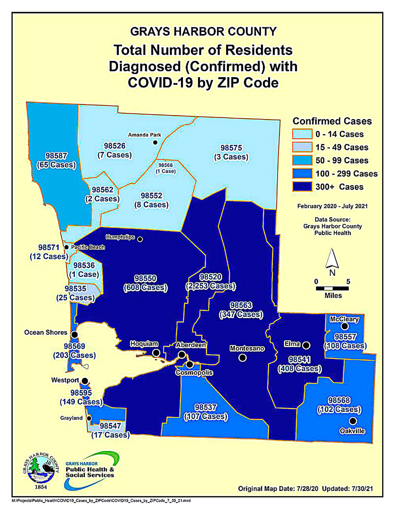 Cases by zip code map updated Friday. (Courtesy Grays Harbor County Public Health)