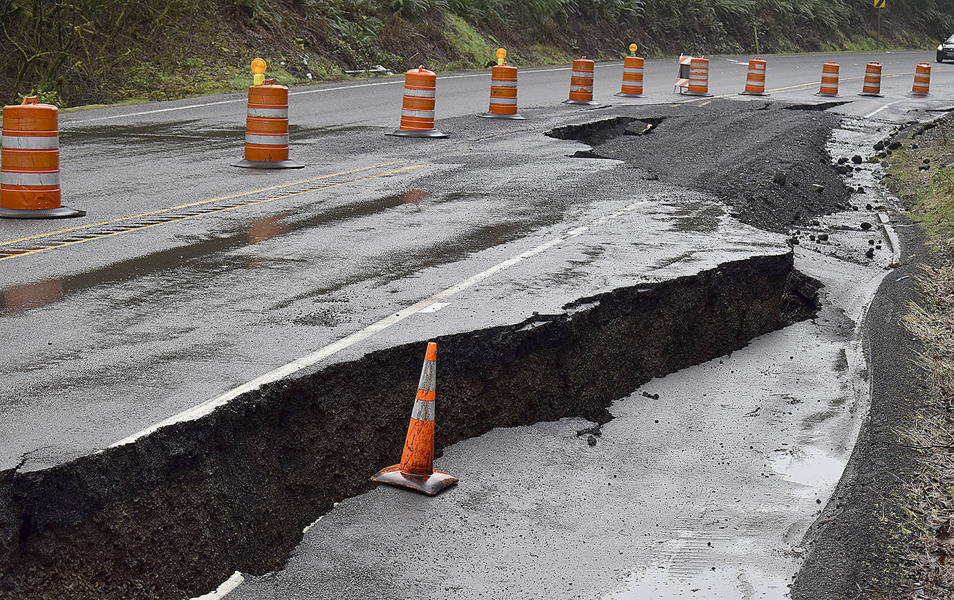 DAN HAMMOCK | THE DAILY WORLD 
Construction will begin Aug. 16 on this section of Highway 101 south of Cosmopolis on Cosi Hill. The roadway has been alternating one-way traffic since heavy rains caused it to collapse in January 2020, shortly before this picture was taken.