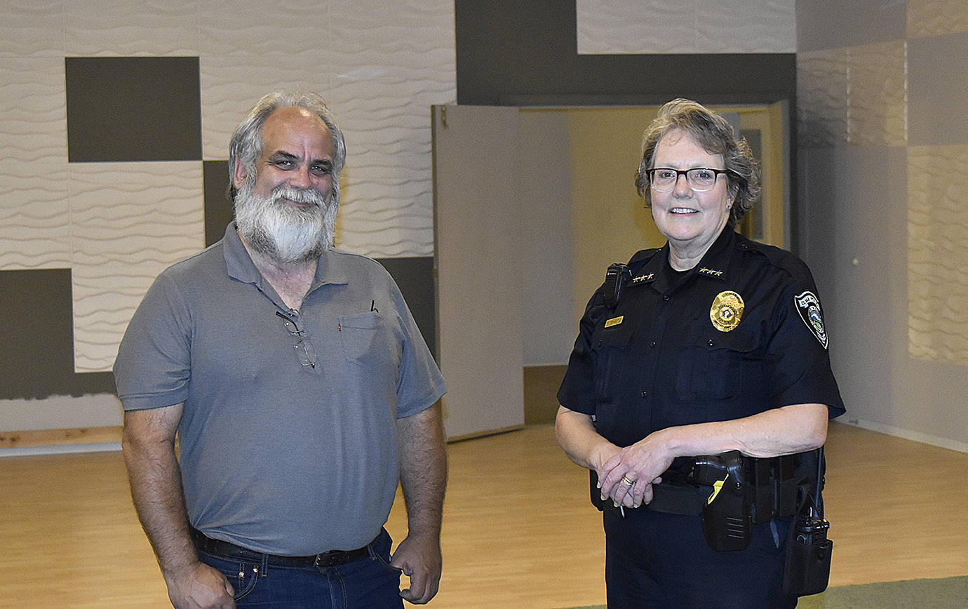 DAN HAMMOCK | THE DAILY WORLD 
Elma Mayor Jim Sorensen and Police Chief Susan Shultz stand in the auditorium of the just-purchased new police station.