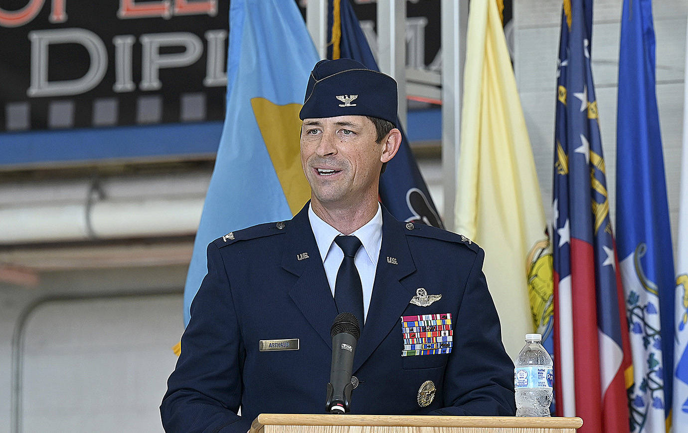 U.S. Air Force photo by Senior Airman Heather LeVeille 
U.S. Air Force Col. Jack R. Arthaud, 33rd Wing commander, speaks for the first time as commander during his change of command ceremony, July 30, 2021, at Eglin Air Force Base, Fla. Arthaud took command after serving as the Weapons School commander at Nellis Air Force Base, Nev.