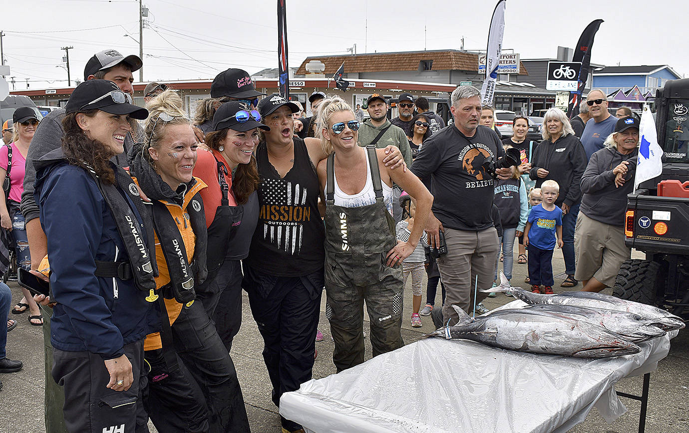 DAN HAMMOCK | THE DAILY WORLD 
The Chic Clique, a team of all-female veterans who fished aboard the Beastmode, brought in a good haul of albacore at the Mission Outdoors Washington Tuna Classic in Westport Saturday. Their five biggest fish weighed in at over 120 pounds total.