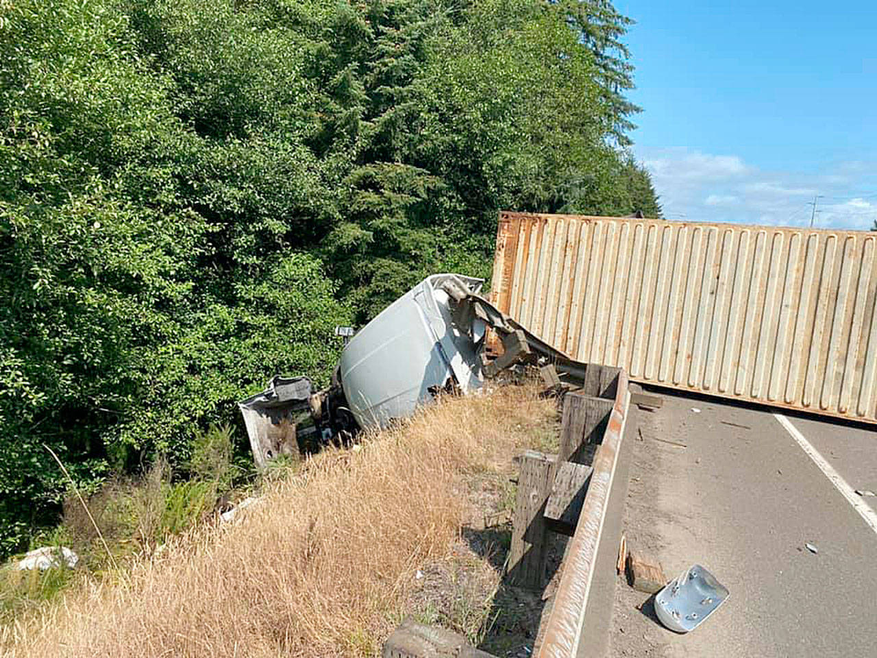 Courtesy of Grays Harbor Fire District 2 
The driver of this semitruck fell asleep and crashed near Bryrwood Drive on Highway 12, blocking the westbound lanes for five hours on Tuesday.