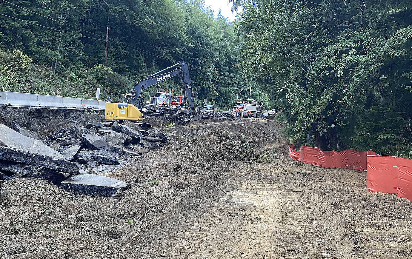 Crews working under contract with the state Department of Transportation did some clearing work along the slide on Highway 101 Cosi Hill this week as they begin work to shore up the slide that’s kept the roadway to one lane since January 2020. (Courtesy Department of Transportation)