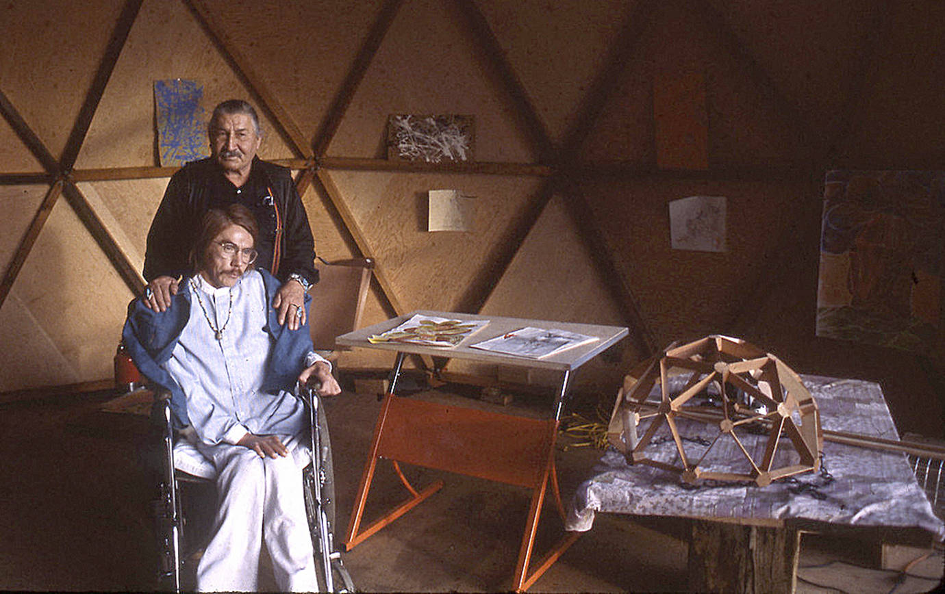 Shoalwater Bay Tribe artist Eugene Landry and his father, Fred, inside the geodesic dome that was once Landry’s studio.