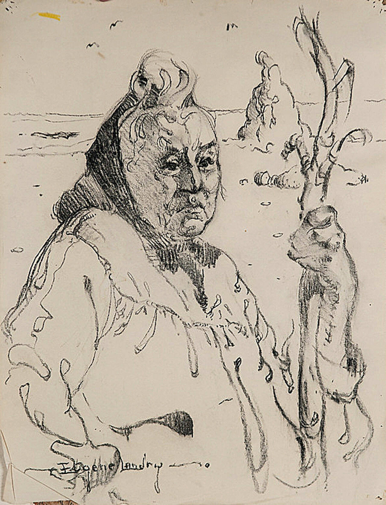Eugene Landry charcoal portrait of Nina Charley Bumgarner, based on a photo by Josef Scaylea. Bumgarner was the daughter of Shoalwater Bay Chief George Allen Charley. (Courtesy Judith Altruda)