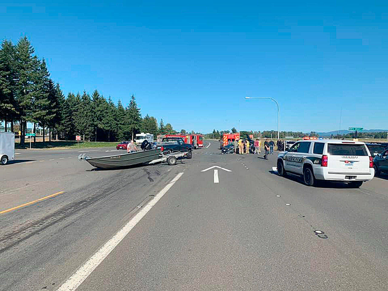 A van vs. boat trailer wreck on State Route 12 at the Monte Brady Road sent one person to the hospital Thursday. (Courtesy Grays Harbor Fire District 2)
