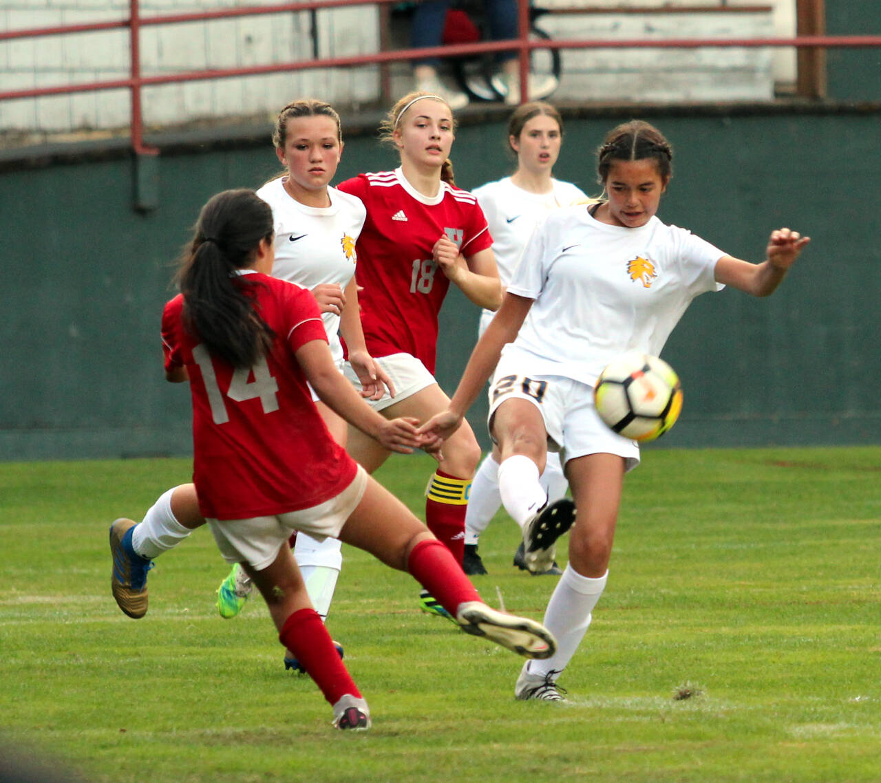PHOTO BY BEN WINKELMAN Aberdeen’s Jaylynn Phimmasone, right, competes with Hoquiam’s Yazmin Garcia-Lopez during a game on Tuesday in Hoquiam. Phimmasone scored the only goal of the game on a free kick in the 48th minute.