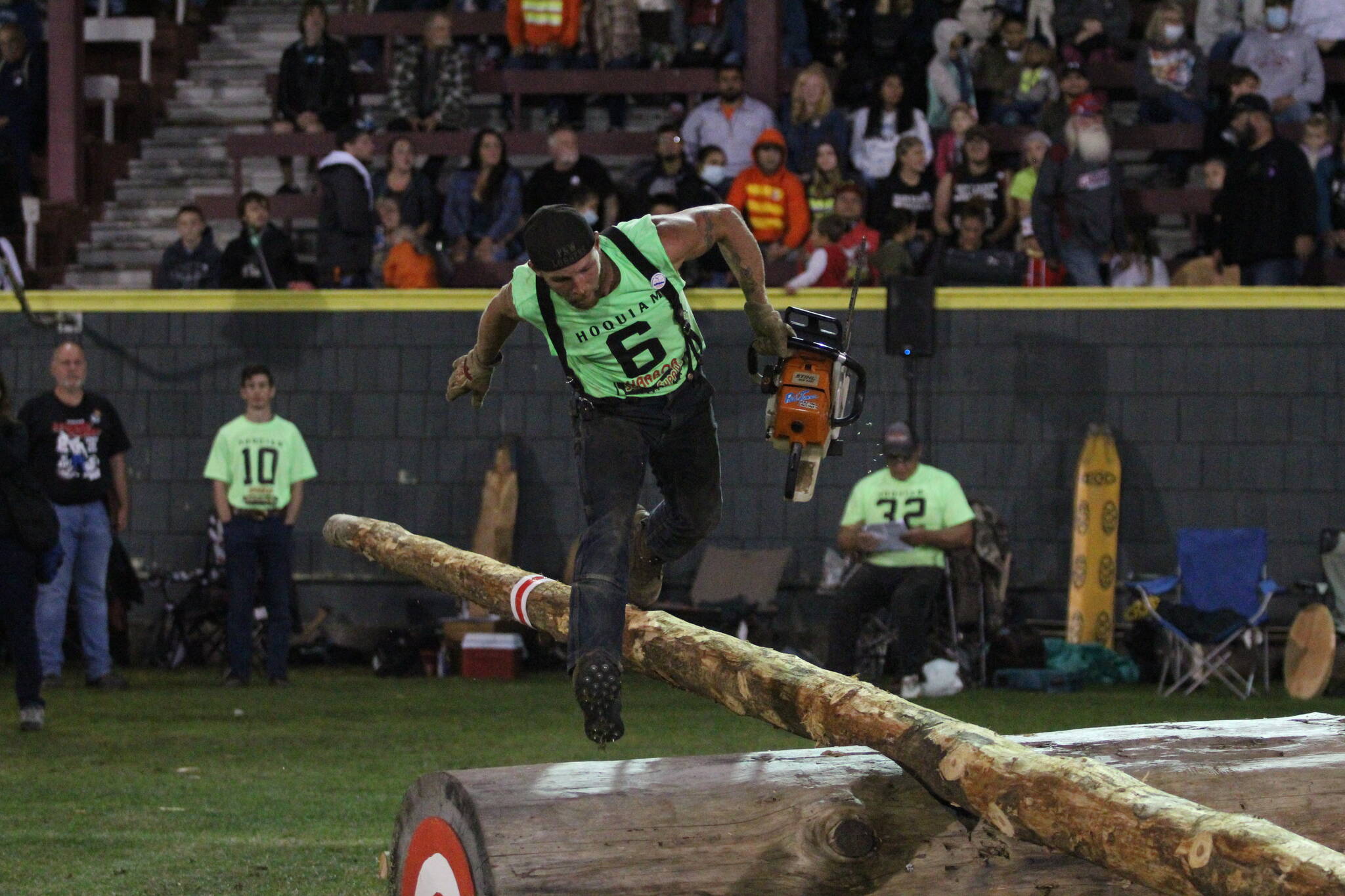 photo by Ben Winkelman 
Johnny Boggs competes in the challenging and entertaining obstacle pole competition at the 2021 Hoquiam Loggers Payday competition Saturday, Sept. 11, 2021, at Olympic Stadium.