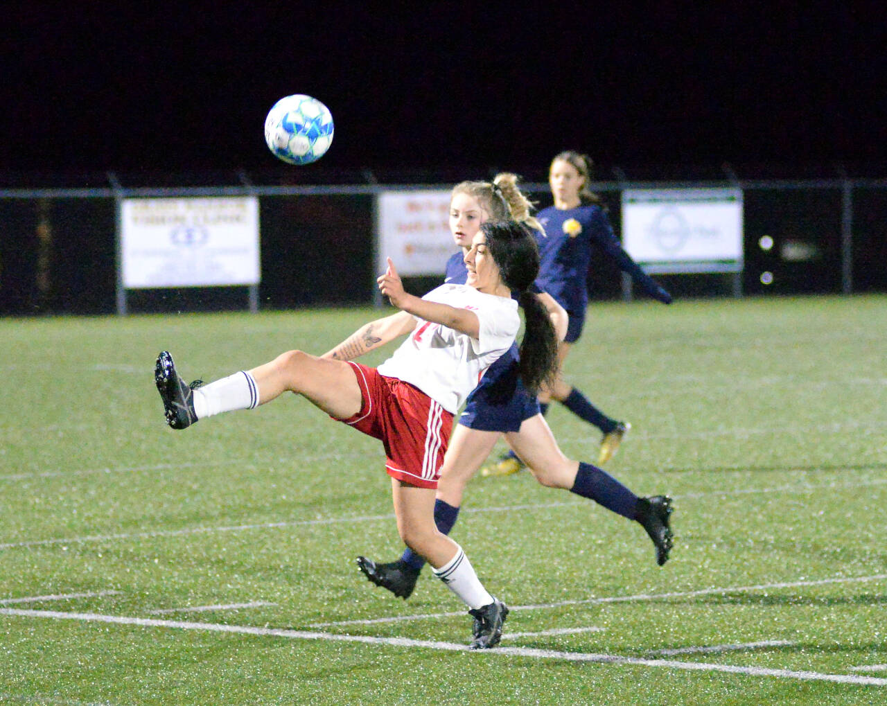 RYAN SPARKS | THE DAILY WORLD Hoquiam midfielder Jemima Perez gets a foot on the ball in a 1-0 loss to Aberdeen on Saturday at Stewart Field in Aberdeen.