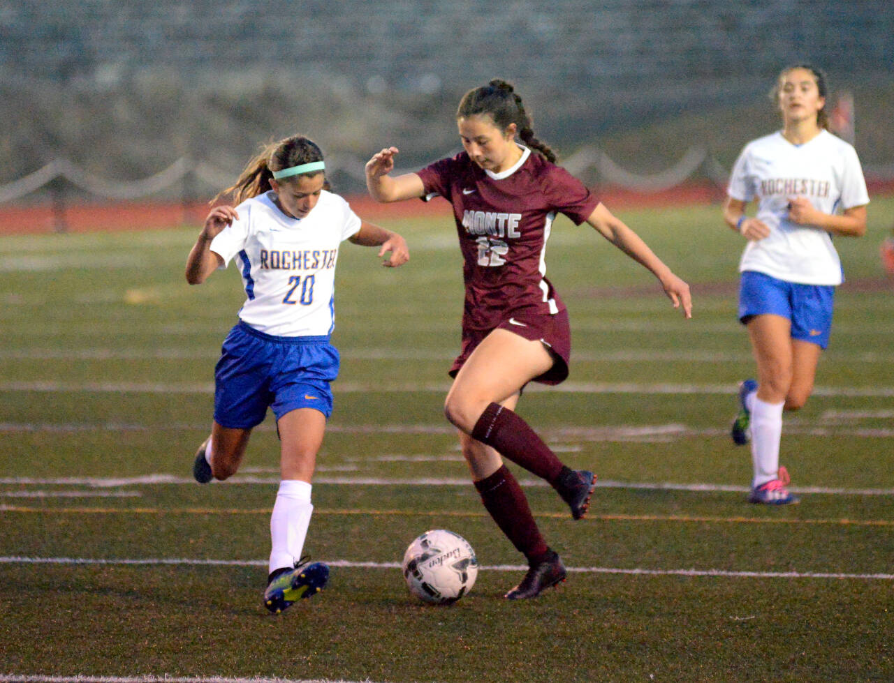 RYAN SPARKS | THE DAILY WORLD Montesano midfielder Bethanie Henderson (22) dribbles against Rochester on Tuesday in Montesano. The Bulldogs won 8-0.