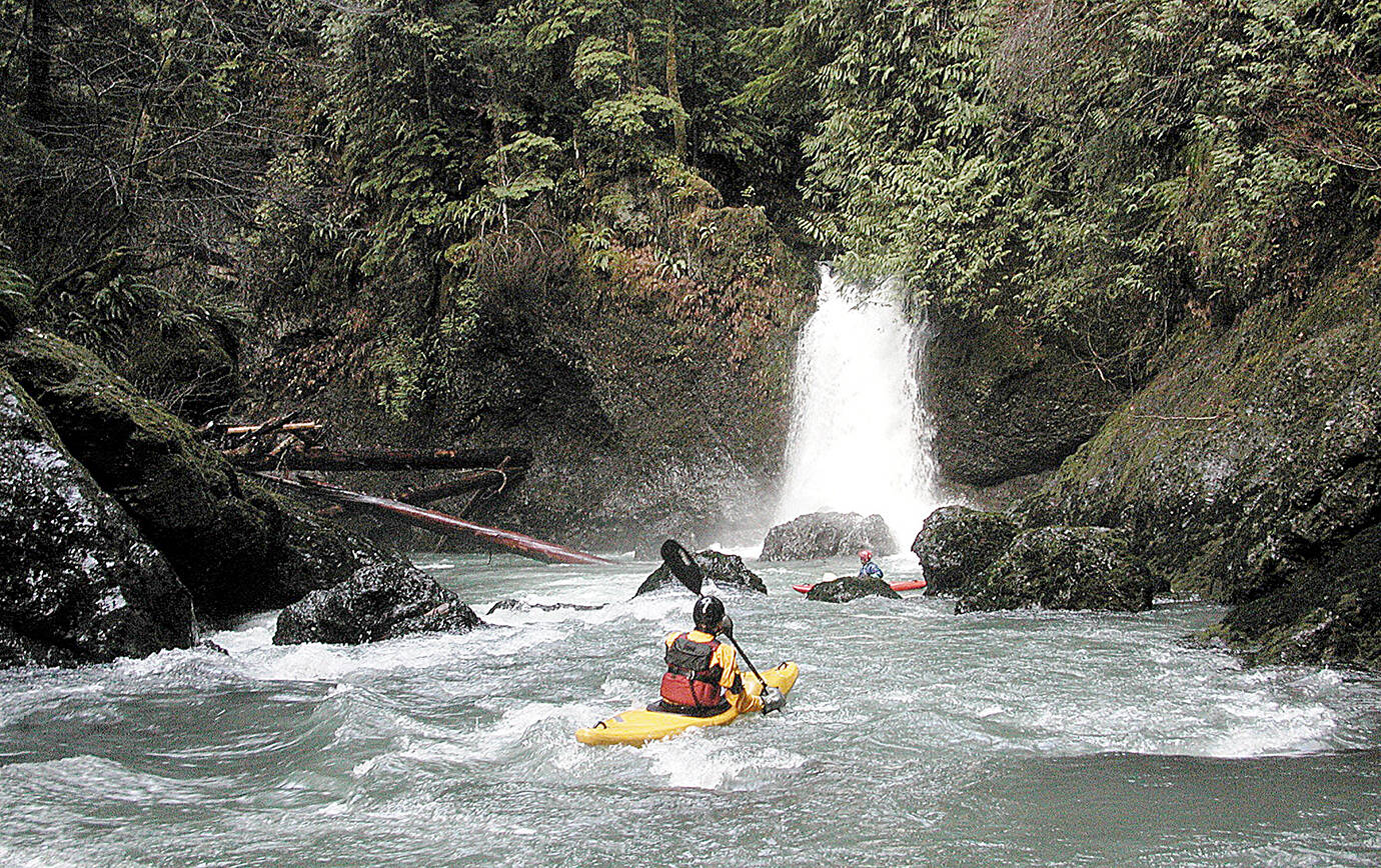 Courtesy of Wild Olympics Campaign 
Kayakers paddle below a waterfall on the East Fork Humptulips, a proposed Wild and Scenic River in the Olympic National Forest.