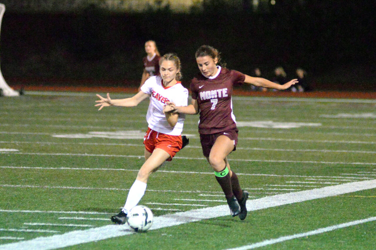 RYAN SPARKS | THE DAILY WORLD Montesano forward Jaiden Morrison (7) fouls Tenino defender Morgan Miner during the first half of Tuesday’s game in Montesano. Morrison’s goal in the 39th minute gave Monte a 1-0 victory.