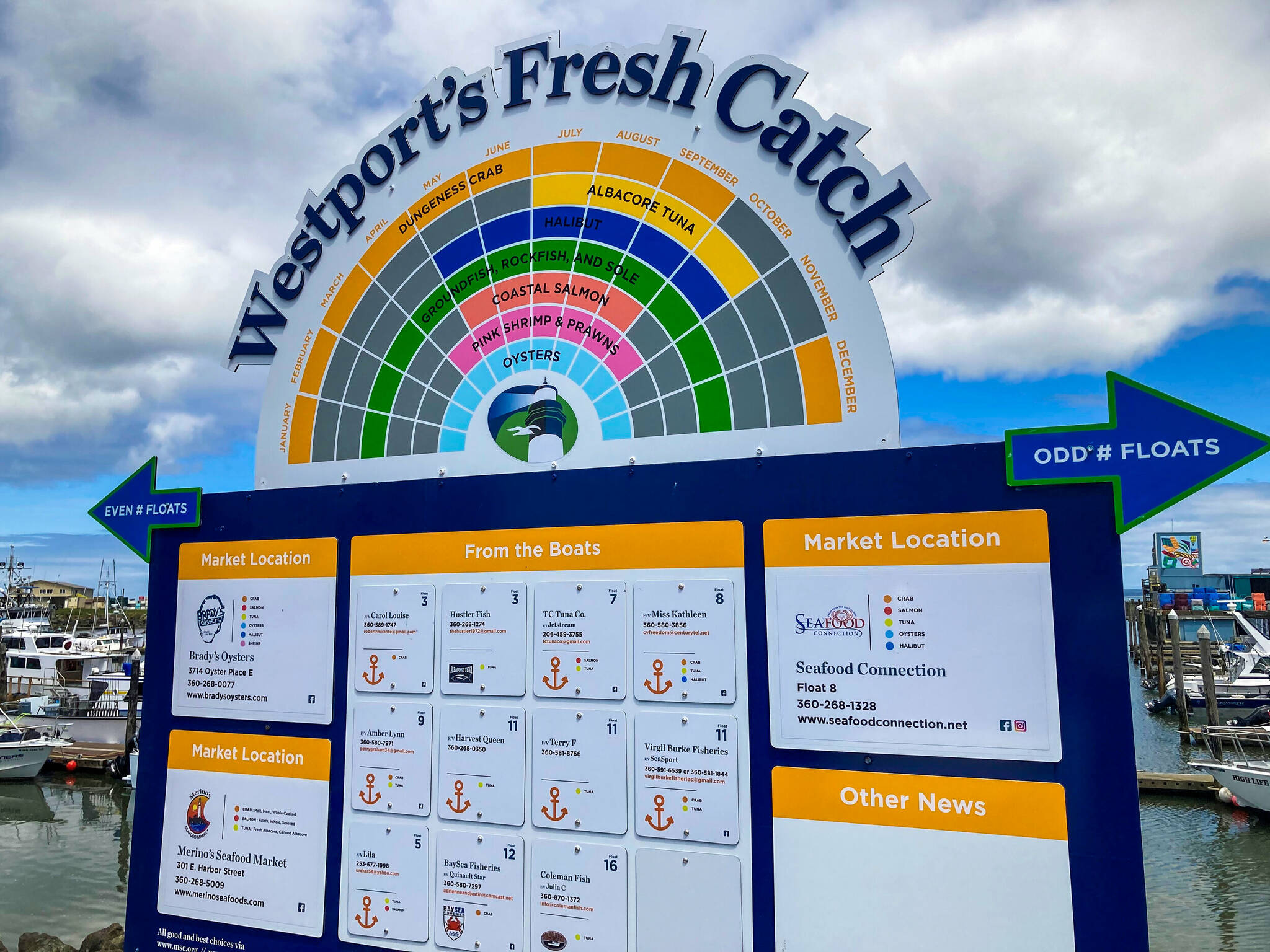 Courtesy of Port of Grays Harbor 
The Westport Fresh Catch campaign includes this colorful sign at the Westport Marina alerting visitors to which of the wide variety of seafood species will be coming across the docks, and when.