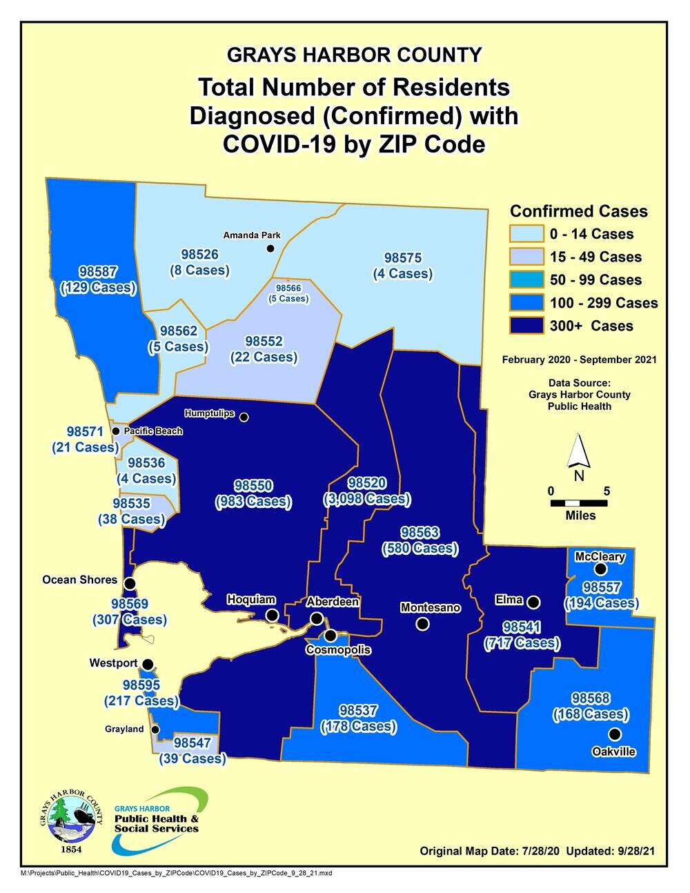 Courtesy of Grays Harbor County Public Health 
Pandemic case totals by ZIP code.