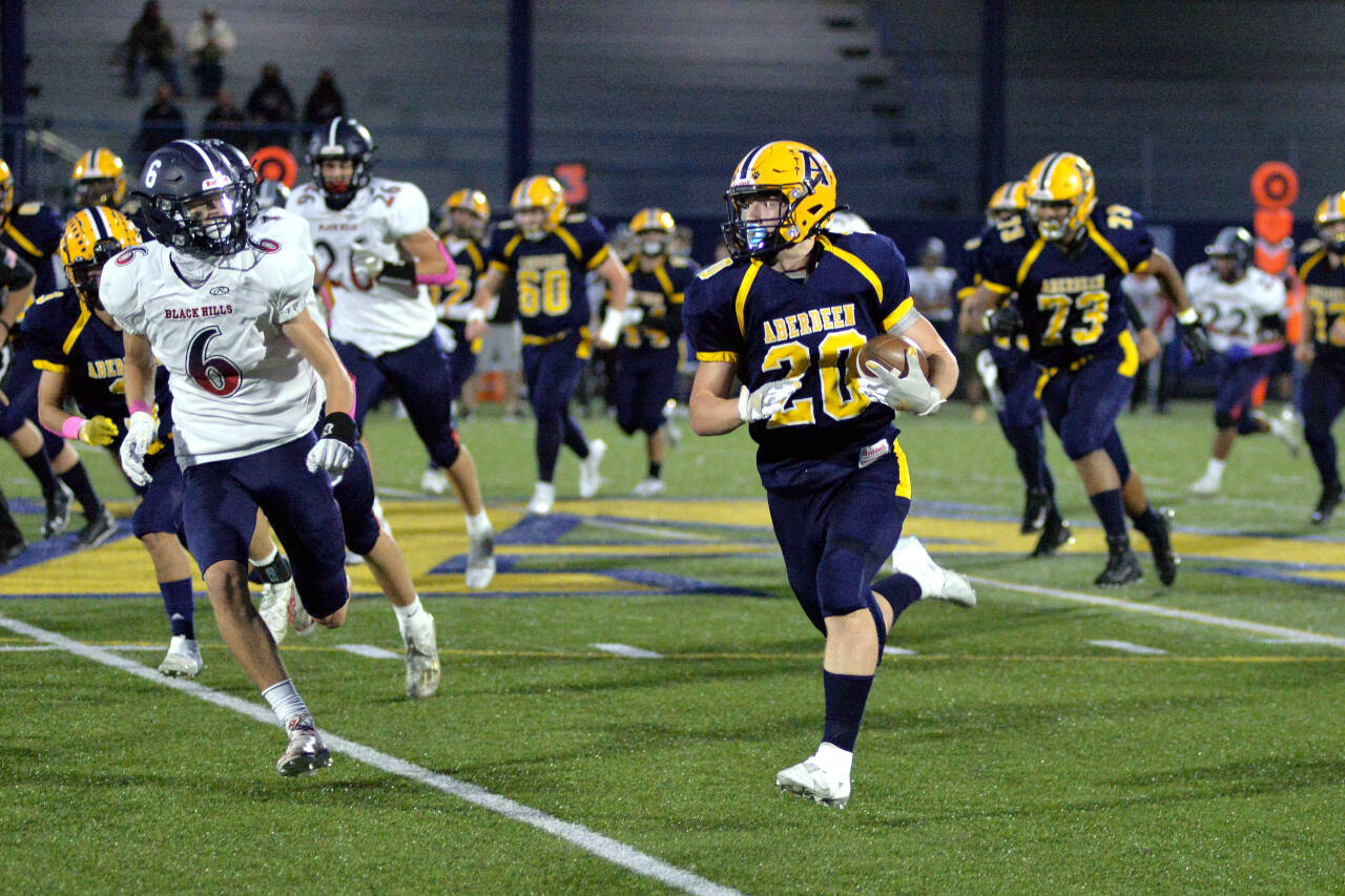 RYAN SPARKS | THE DAILY WORLD Aberdeen running back Jeremy Sawyer (20) ran for a game high 151 yards during the Bobcats’ 20-7 win over Black Hills on Friday night at Stewart Field in Aberdeen.