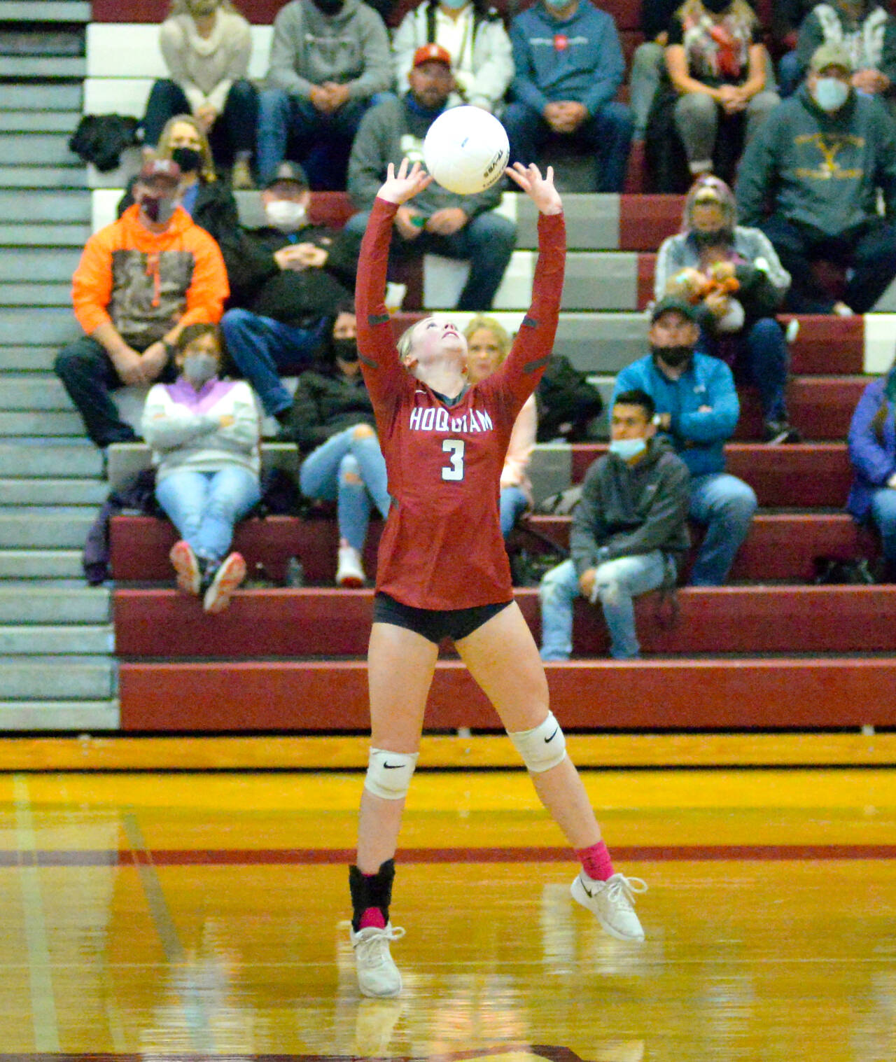 RYAN SPARKS | THE DAILY WORLD Hoquiam setter Ella Folkers throws up one of her 43 assists during a 3-2 loss to Montesano on Tuesday at Montesano High School.