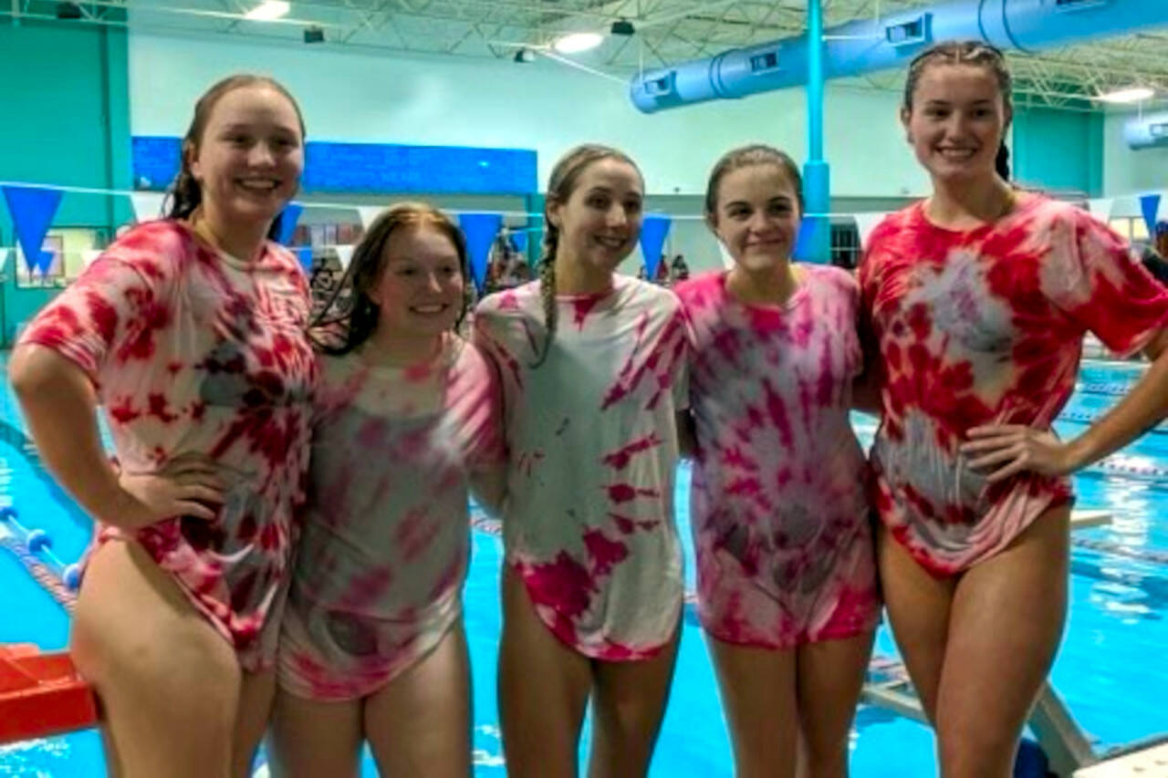 SUBMITTED PHOTO Aberdeen senior swimmers (from left) Katelyn Ancich, Lily Schreiber, Mady Baudais, Morgann Waite and Kennedy Hatton pose for a photo on Senior Night after Aberdeen defeated Tumwater 94-92 on Wednesday at the Grays Harbor YMCA in Hoquiam.
