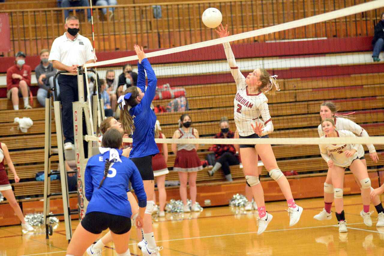 RYAN SPARKS | THE DAILY WORLD Hoquiam’s Kristina Goulet (2) rises for a kill attempt during the Grizzlies 3-1 win over Elma on Thursday in Hoquiam.