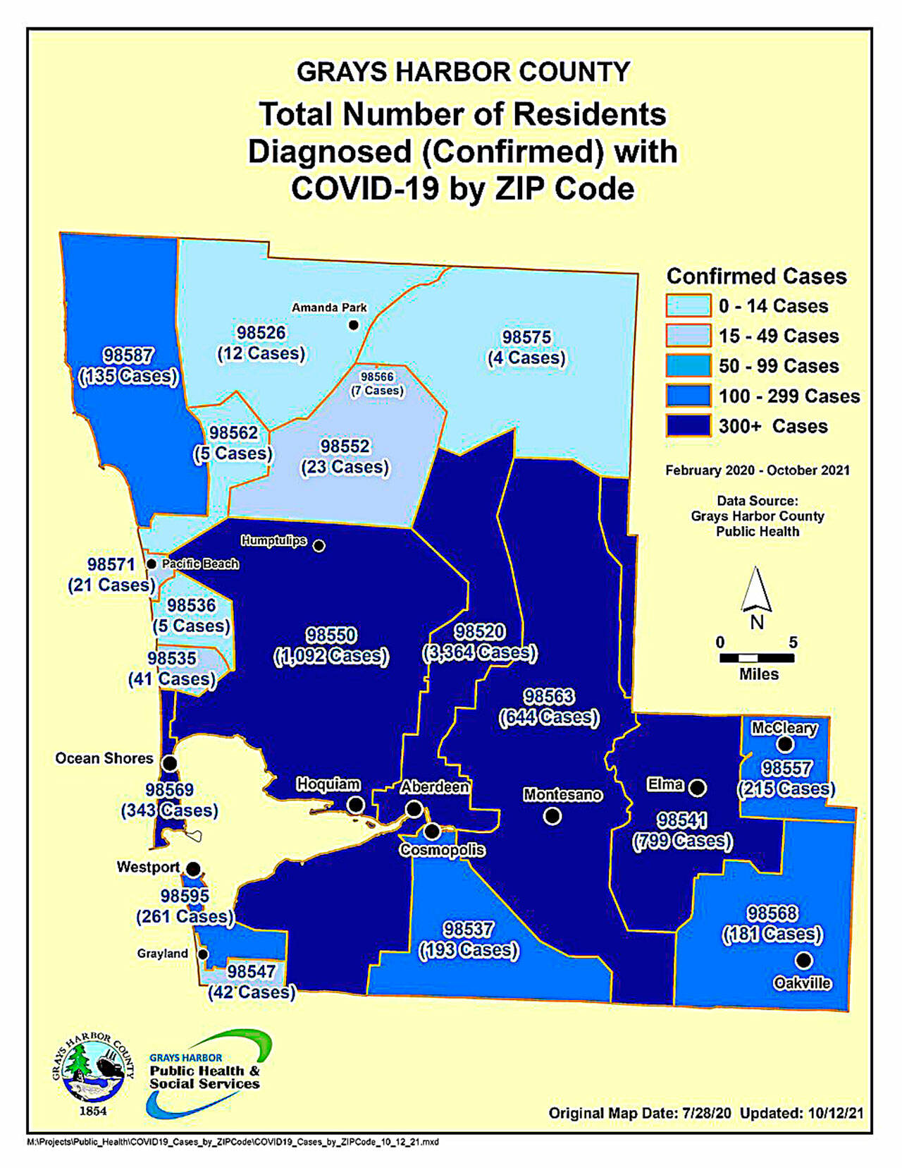Courtesy of Grays Harbor County Public Health
COVID cases for the duration of the pandemic in Grays Harbor County by ZIP code, updated Oct. 12, 2021.