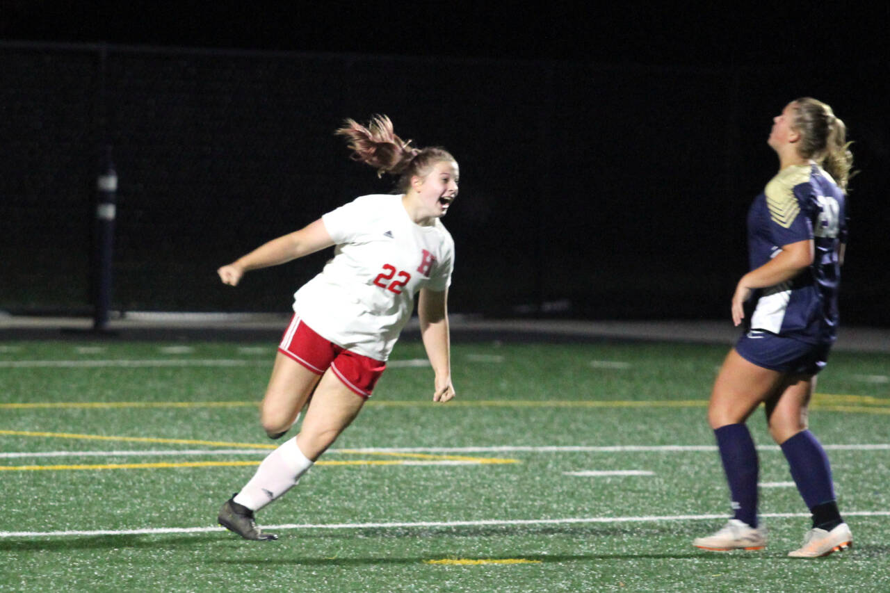 PHOTO BY BEN WINKELMAN Hoquiam’s Maci Winkelman celebrates her last-minute goal as the Grizzlies earned a 1-1 tie against Seton Catholic on Tuesday in Vancouver.