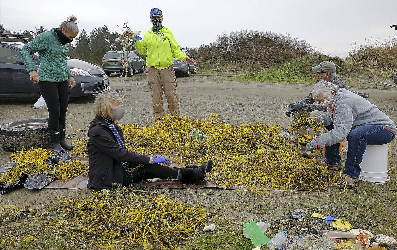 Quite a day of beach cleanup, almost 17,000 yellow ropes found off Warrenton Cannery Road Jan. 16, along with other assorted refuse. (Courtesy Lee First and John Shaw)