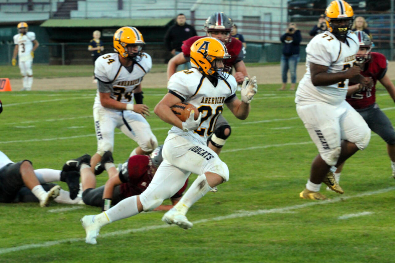 PHOTO BY BEN WINKELMAN 
Aberdeen running back Jeremy Sawyer has rushed for over 100 yards in each game this season for a total of 1,070 yards. He’ll lead the Bobcats when they play Shelton in a must-win game on Friday in Aberdeen.