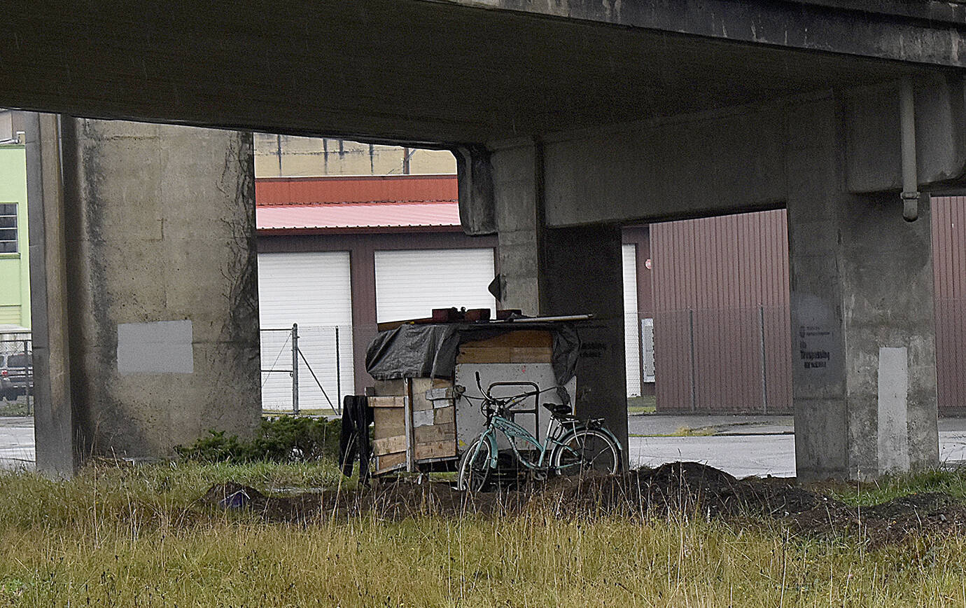 DAN HAMMOCK | THE DAILY WORLD 
Some homeless encampments can be pretty elaborate, like this one under the north end of the Chehalis River Bridge in Aberdeen.