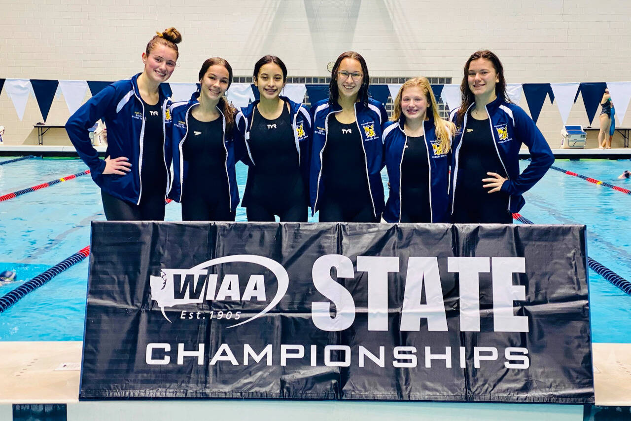 SUBMITTED PHOTO Aberdeen swimmers (from left) Kennedy Hatton, Mija Hood, Litzy Orona, Anna Matisons, Ava Benn and Keara Burns helped the Bobcats to a 14th place finish at the WIAA 2A State Girls Swim & Dive Championships on Saturday at King County Aquatic Center in Federal Way.