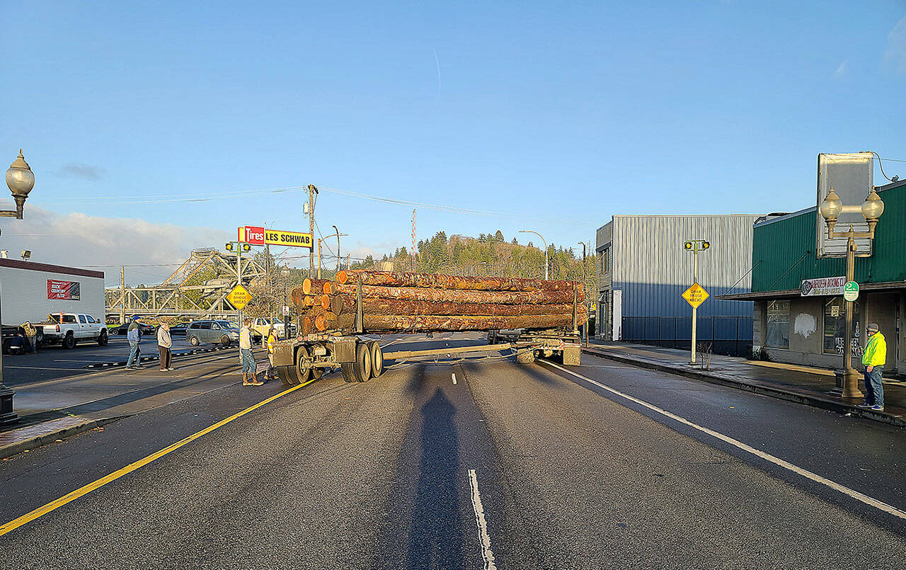 Courtesy of Aberdeen Police Department 
A jackknifed log truck snarled traffic on East Heron Street in Aberdeen Tuesday afternoon, Nov. 16, 2021. A mechanical failure at the reach appears to have caused the incident.
