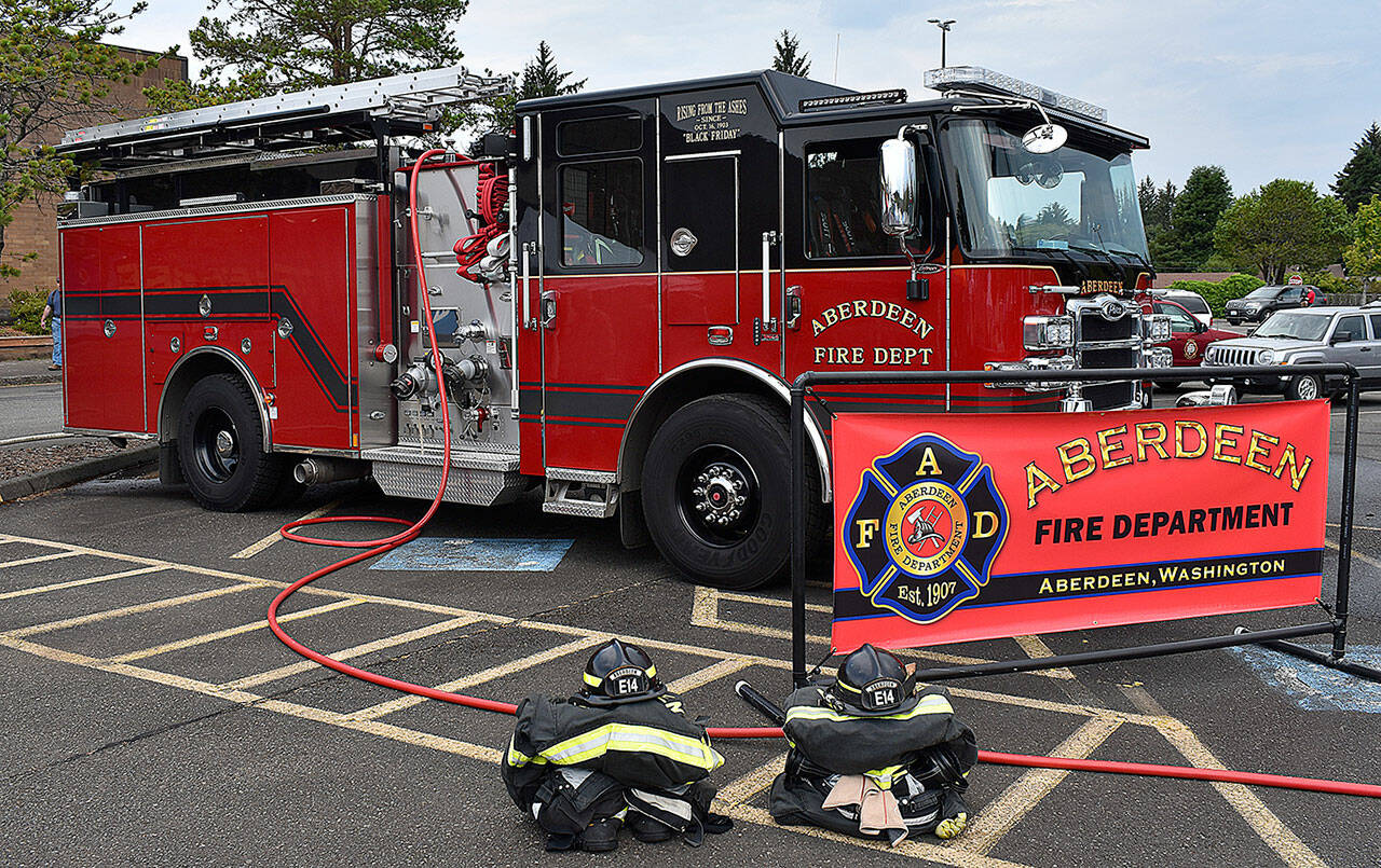 DAN HAMMOCK | THE DAILY WORLD 
One of the Aberdeen Fire Department’s new rigs (pictured) stood nose to nose with a Hoquiam engine at the 2021 Emergency Preparedness Expo at the Shoppes at Riverside in July 2021.