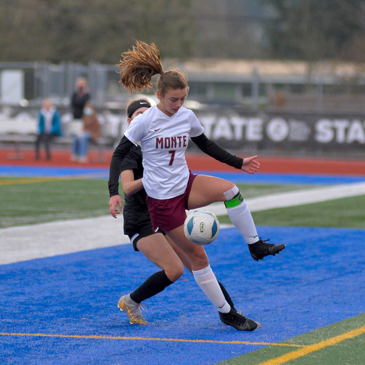RYAN SPARKS | THE DAILY WORLD Montesano’s Jaiden Morrison gets a foot on the ball during the Bulldogs 5-0 loss to Klahowya in the 1A State Tournament’s third/fourth-place game on Saturday at Shoreline Stadium in Shoreline.