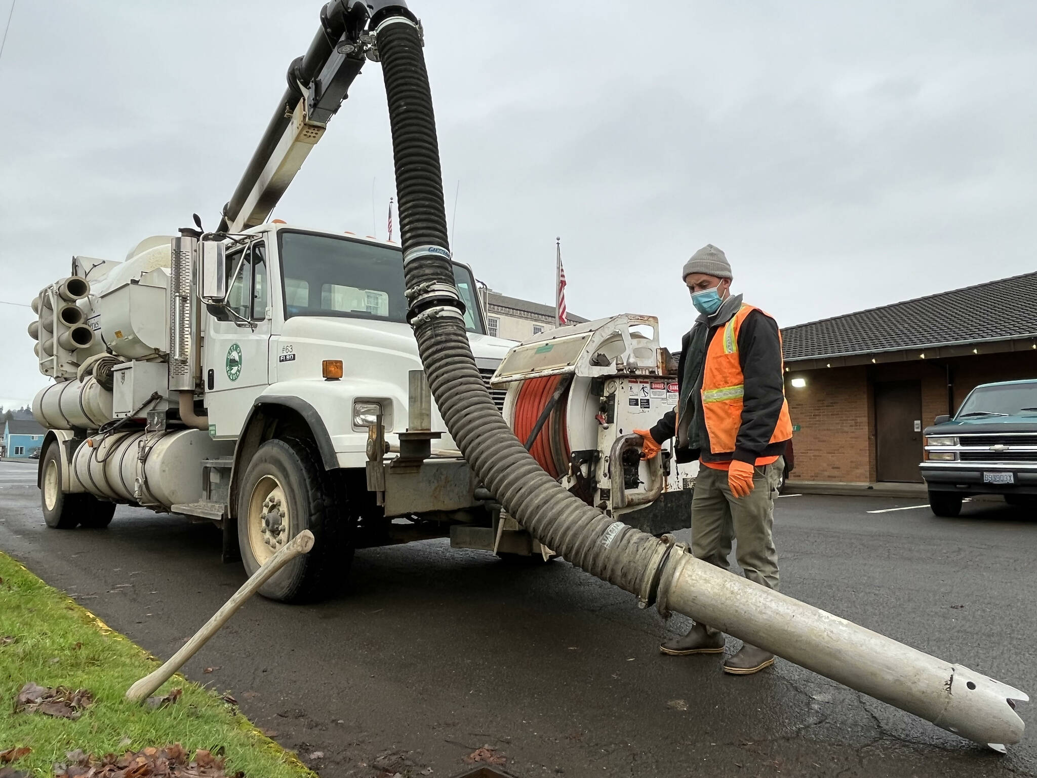 Shane Kohlmeier, operating the City of Hoquiam's Vactor combo truck, said he and his guys use the Vactor truck all the time for different Public Works assignments. (Matthew N. Wells | The Daily World)