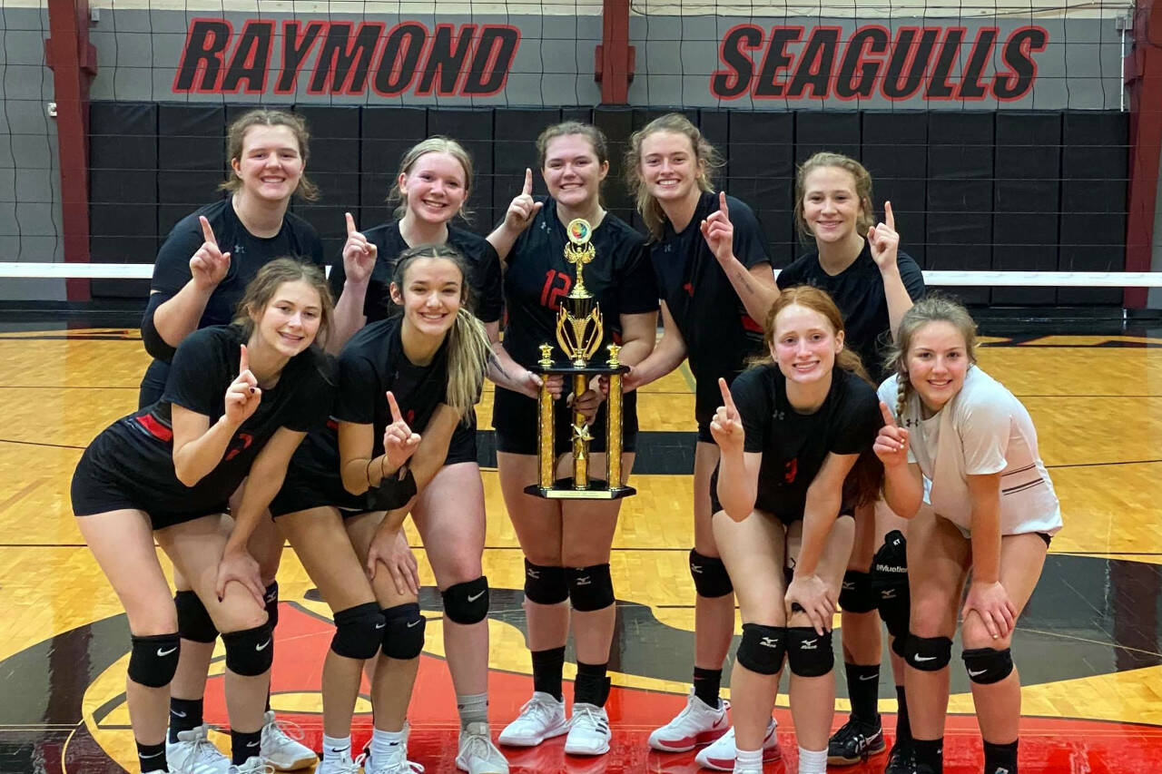 PHOTO BY LARRY BALE The Raymond Seagulls volleyball team, seen here in a file photo, placed fourth at the 2B State Tournament in November.