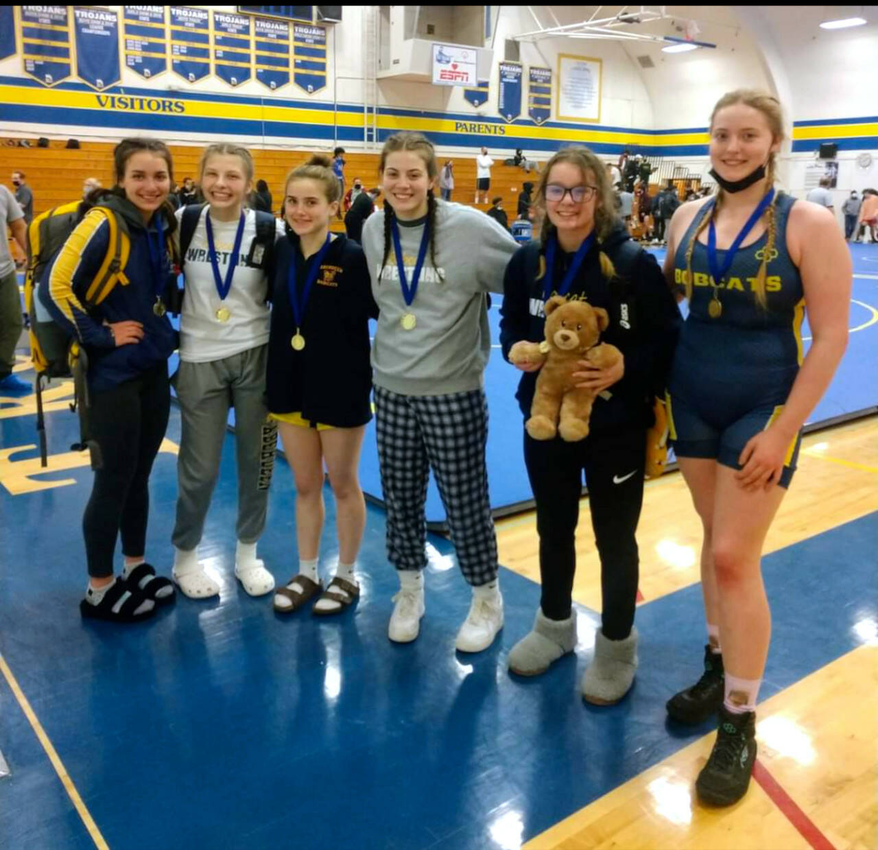 SUBMITTED PHOTO Aberdeen had six individual champions to take the team title at the Lads and Lasses Tournament on Saturday at Fife High School. Aberdeen’s title winner are (from left): Hailey Wilson (125), Emmersyn Yakovich (110), Madelynn Machowek (105), Raegan Portmann (145), Felicia Bell (130) and Katie Gakin (190).