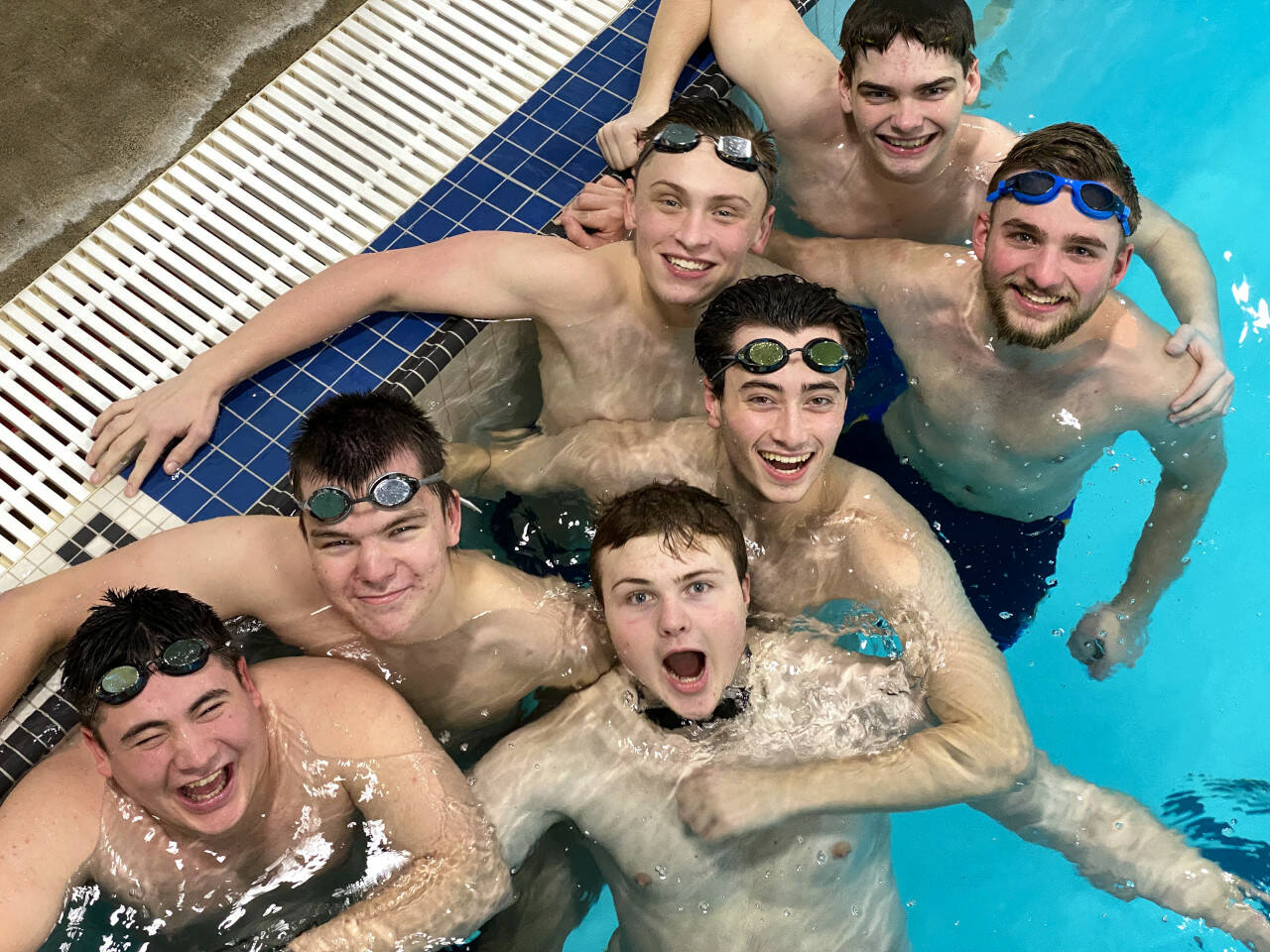 SUBMITTED PHOTO The Aberdeen boys swimming team (from top to bottom) Denny Linker, Jamieson Berney, Logen Seguin, Foster Patterson, Colton Burns, Tyler Bates and Zach Parker competed at the 2A state championship meet at the King County Aquatic Center in Federal Way on Friday.