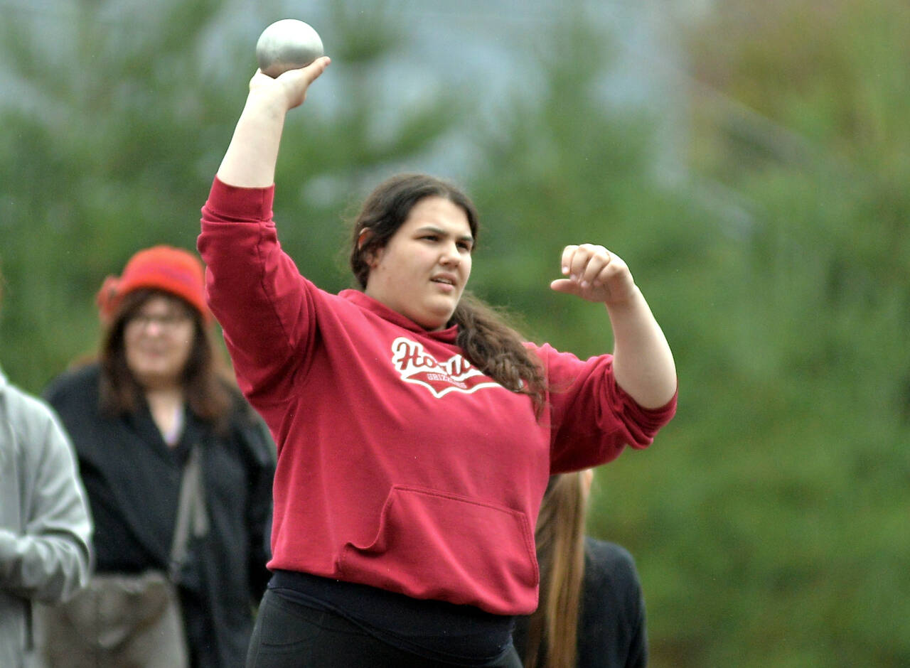RYAN SPARKS | THE DAILY WORLD Hoquiam senior Tyara Straka prepares to throw the shot put on Thursday in Montesano. Straka won the event with a throw of 41 feet, seven inches, one of her two event wins on the day.
