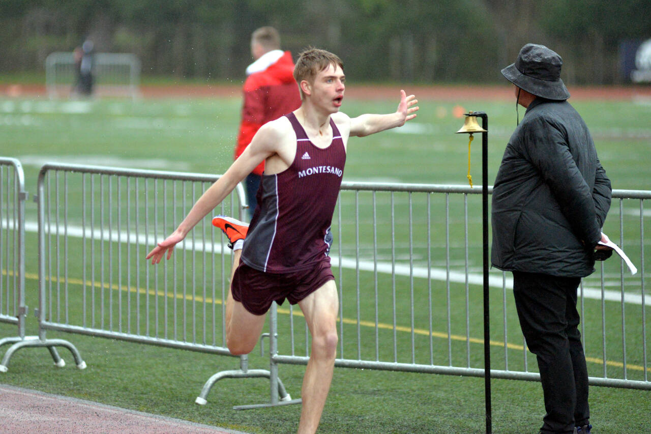 RYAN SPARKS | THE DAILY WORLD Montesano sophomore Jesse Anderson crosses the finish line to win the boys 800-meter race on Thursday at Jack Rottle Field in Montesano. Anderson also won the 1600 meter race at the season-opening meet.