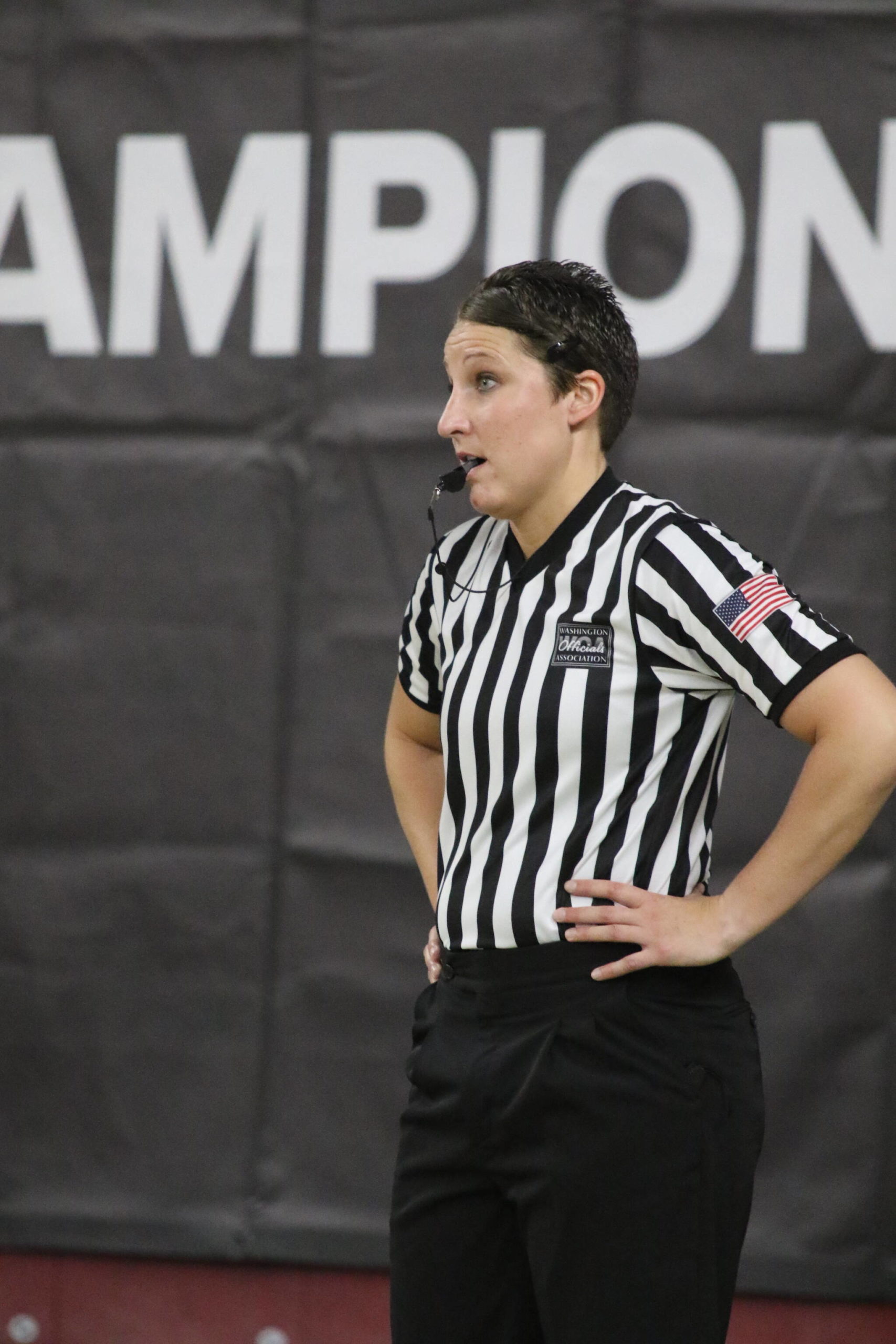 Photo courtesy of Northwest Sports Photography
Hoquiam Middle School teacher Megan Pumphrey officiates a game at the WIAA state basketball tournament in Yakima. Pumphrey was the only female referee present at the A-tournament level.