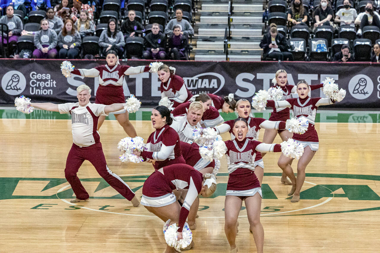 PHOTO BY SHAWN DONNELLY The Montesano High School cheer team competes at the WIAA State Championships on Saturday at the Yakima Valley SunDome in Yakima.
