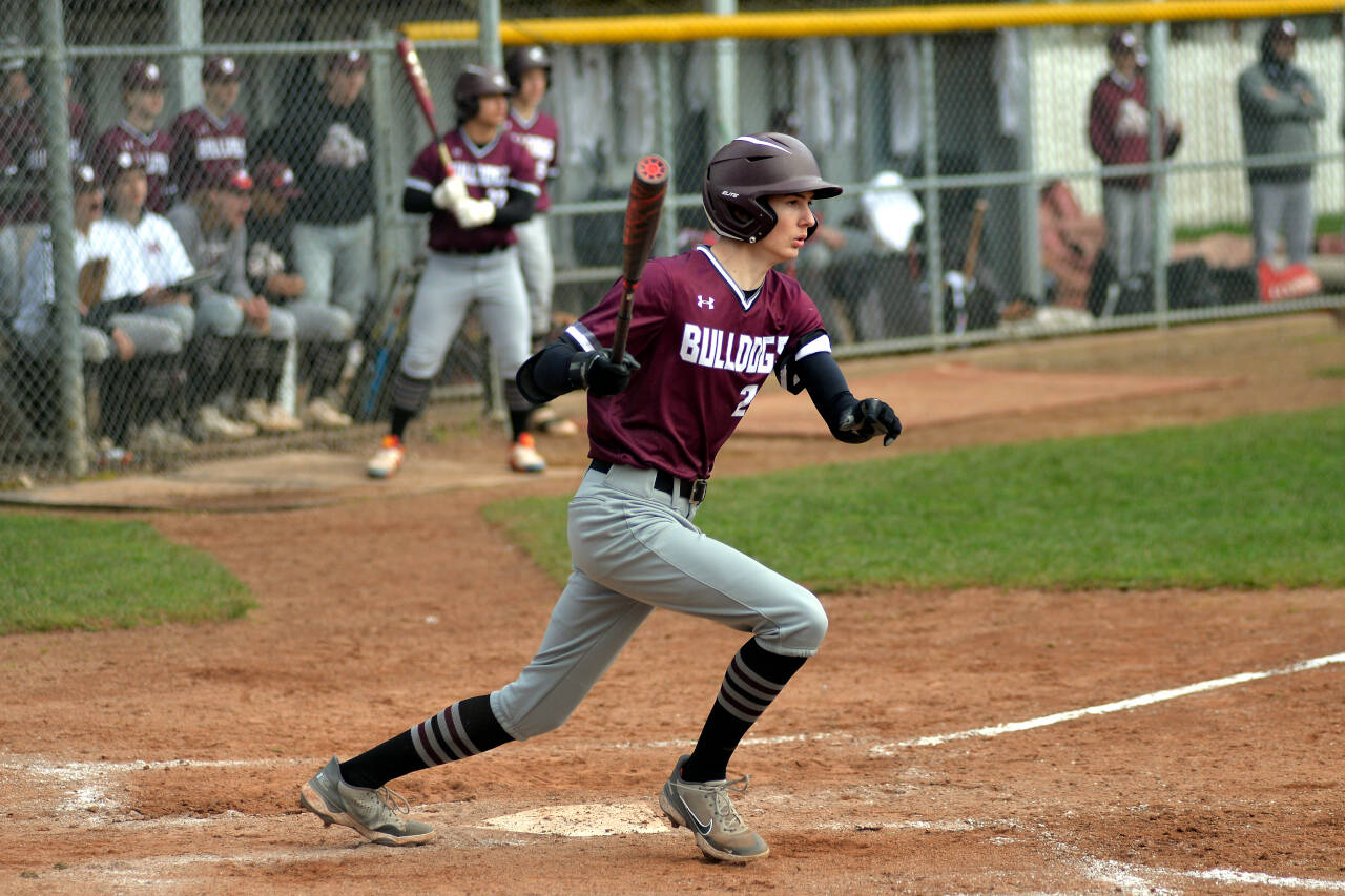 RYAN SPARKS | THE DAILY WORLD Montesano infielder Bode Poler had a home run and two doubles in the Bulldogs’ doubleheader sweep over Hoquiam on Monday in Montesano.
