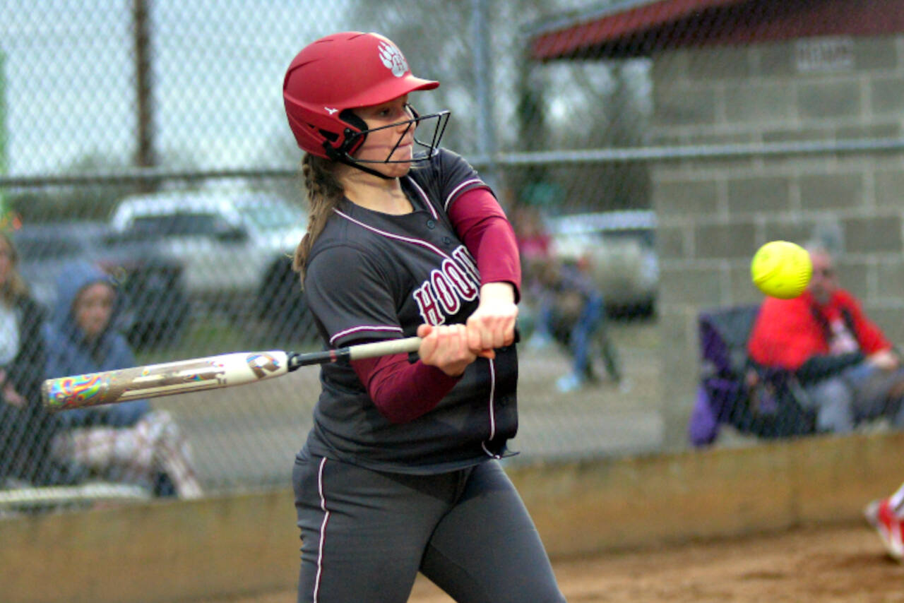 RYAN SPARKS | THE DAILY WORLD Hoquiam outfielder Ashlinn Cady takes a swing during a doubleheader against Montesano on Tuesday at John Gable Park in Hoquiam. The Grizzlies won the first game 8-7.