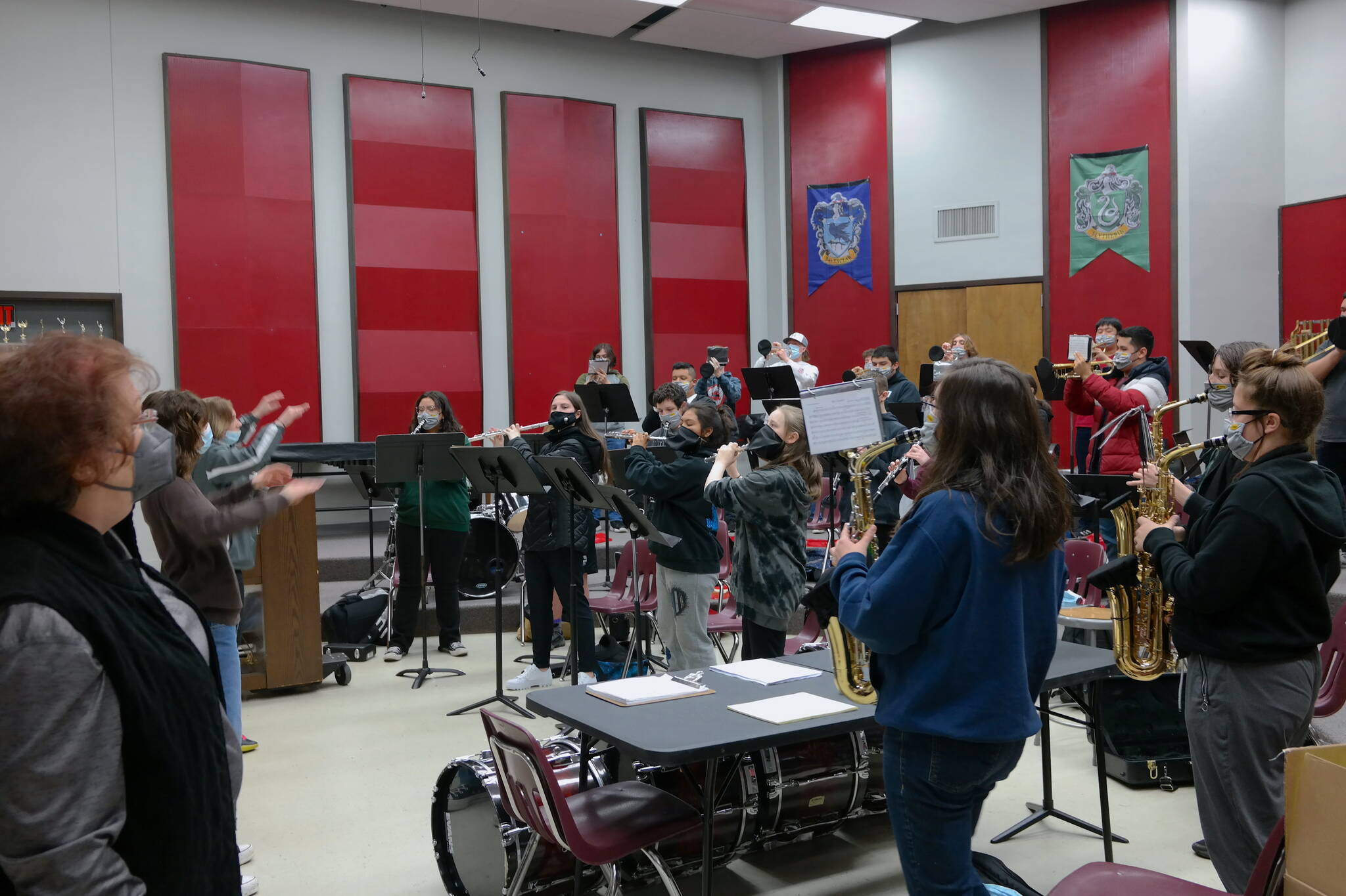 The HHS band performs "Hey Baby (Uhh, Ahh)" by DJ Ötzi on Wednesday, March 30. They have been practicing several pep songs as well as their marching skills in preparation for their upcoming performances. Erika Gebhardt I The Daily World